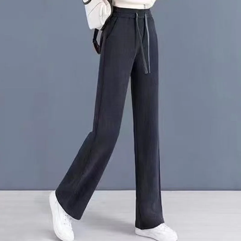 Women\'s Clothing 2023 New Spring Autumn Thin Loose Solid Color Lacing Drawstring Elastic Waist Pocket Straight Wide Leg Pants