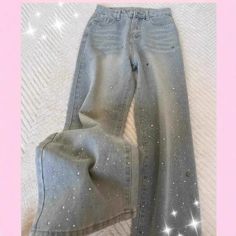 

Shiny Blue Rhinestone Embellished High Waist Solid Color Wide Leg Jeans Women Fashionable Versatile Slimming Women Long Pants