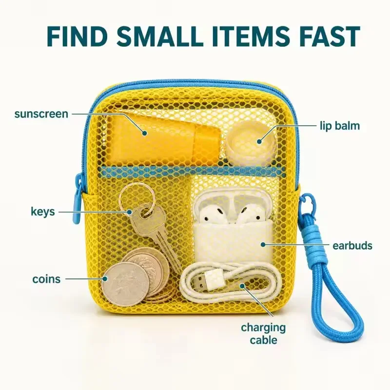 Dopamine Mesh Mini Pouch, Colorful Square Earphone Case, Portable Lipstick Cosmetic Bag, Breathable Toiletry Storage Organizer