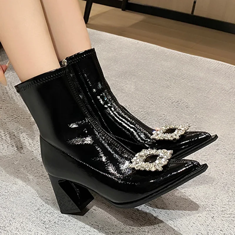 Kristall Chunky Frauen Stiefeletten Spitz Elegante Mid Heels Leder Schuhe 2025, Trend Mode Pumpen Goth Winter Botas De Mujer