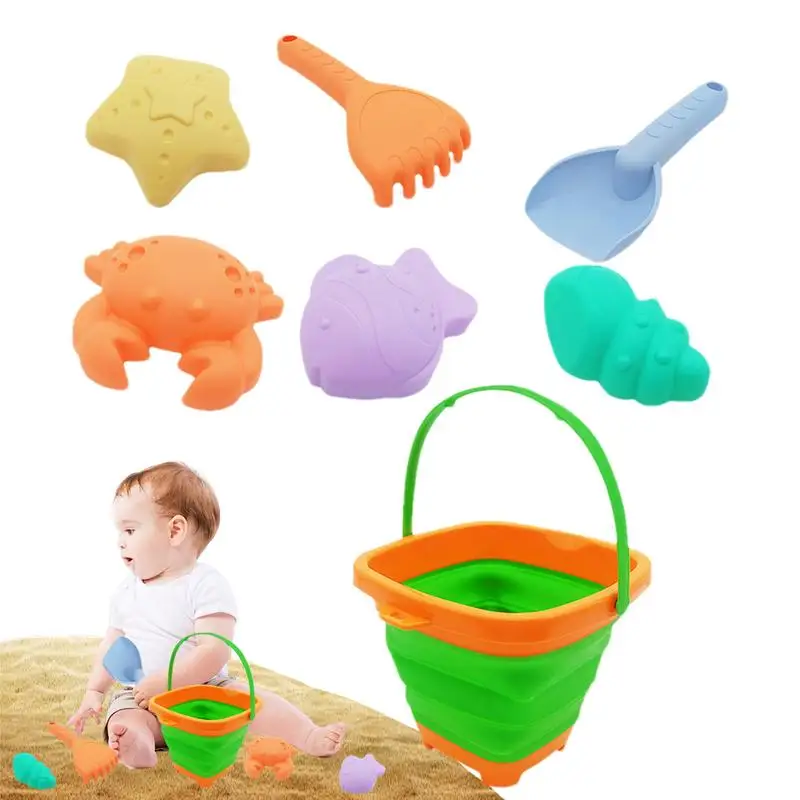 

Sand Toys For Kids 7PCS Sand Toy Set For Fun Portable Rake Shovel Cute Sand Molds Foldable Beach Bucket With Mesh Bag For Summer