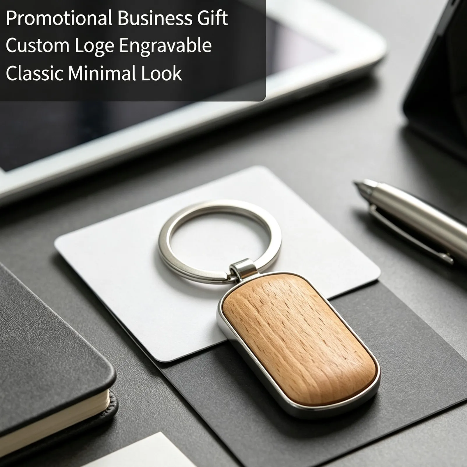 Rectangular Blank Beech Wood Alloy Metal Key Ring Keychain Pendant Charm Custom Laser Engravable Business Gift