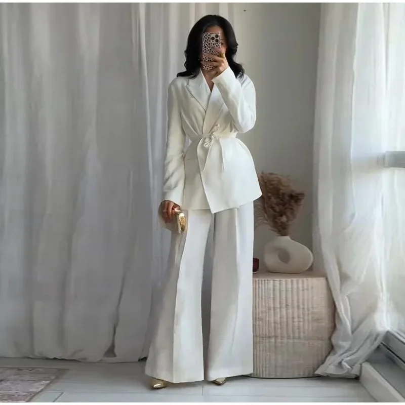 

Trendy Blazer Pants Sets Women V-neck Lace Up Jacket Full Sleeve Wide Leg Trousers Suit Lady Spring Autumn Solid Set Outfits New