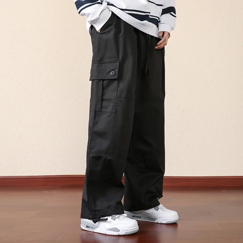 2023 Men Casual Pants Loose Straight Wide Leg Pants Retro Streetwear Cotton Solid Color Trousers