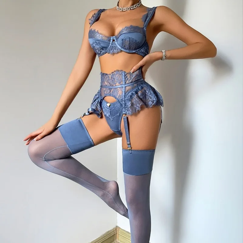 Toucheart Erotic Lingerie French Elegant Blue High-end Lace Hollow See-through Sexy Body-shaping Women Hot Underwear Split Set view 6