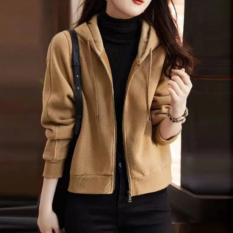 Fashion Solid Color Zipper Casual Hooded Coats Women's Clothing Autumn Winter New Loose All-match Tops Commuter Jackets