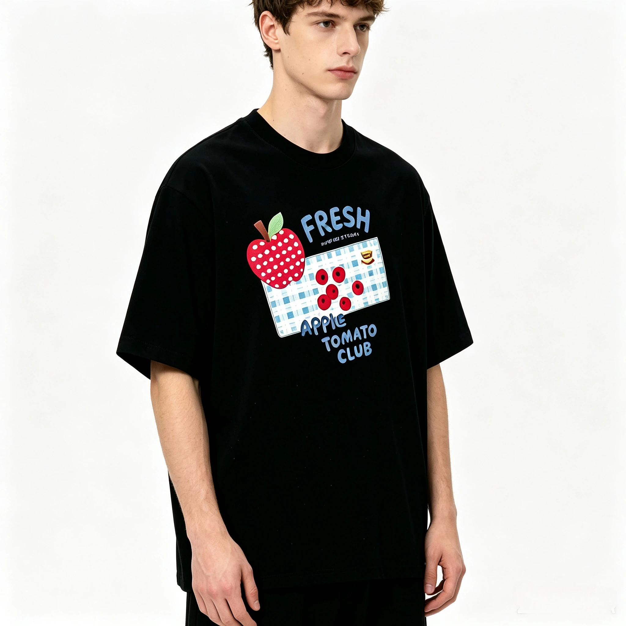 Men Apple Tomato Sticker T-Shirt Fresh Fruit Camping Fishing SUP Skate Rock Short Sleeve White Black Tee