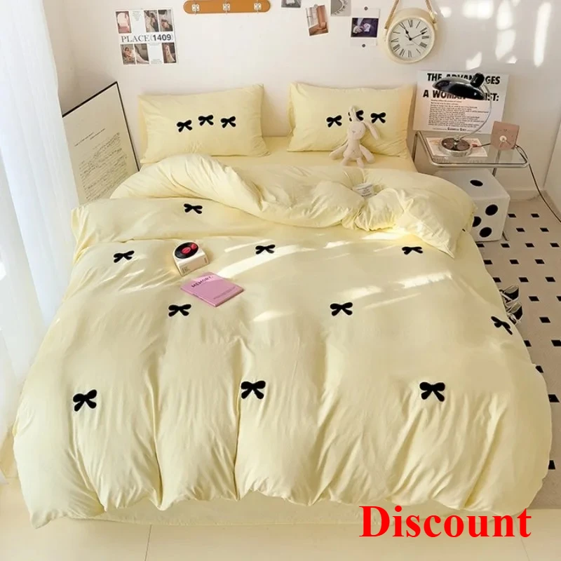 

Pink Bedding Set with Bow Korean Breathable Duvet Cover No Filler Flat Sheet Pillowcases Mix Color Comforter Cover Set