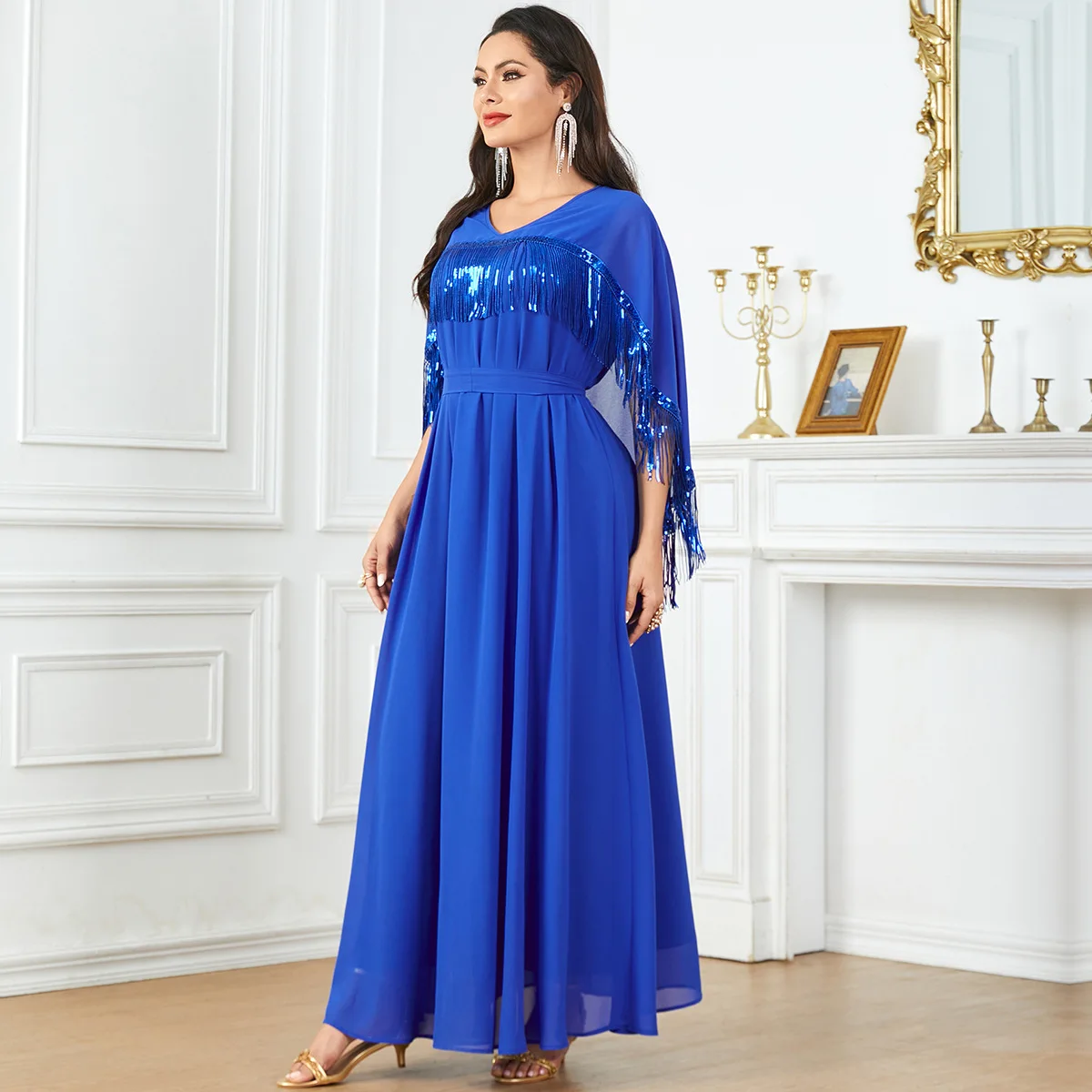 

Elegant Casual with Cloak Sleeve Beading Tassel Party Gown Moroccan Saudi Belted Dresses Turkish African Abayas Arab Kaftan