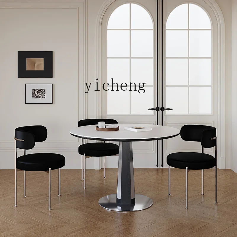 

V6 round dining table black solid wood stainless steel rock slab small round table Italian light luxury negotiation table