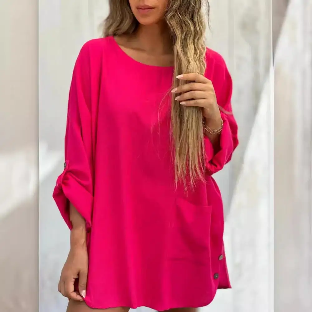 Relaxed Style Women Blouse Stylish Women's Casual Tops Loose Fit Long Sleeve Shirt with Pocket Round Neck Blouse Irregular Hem