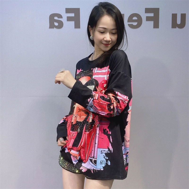 

Women's Beautiful Kawaii Clothes Long Sleeves T-shirt 3D Print Oversized Beaded Inner Wear Bottoming Top O-neck Tees Pullover