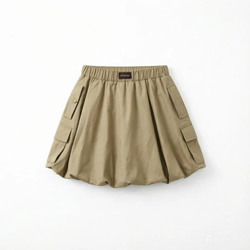 Girls Khaki Cargo Bubble Mini Skirt High Waist Multi Pocket Puff Balloon Skort Kids Casual Streetwear Loose Short Skirt For Teen