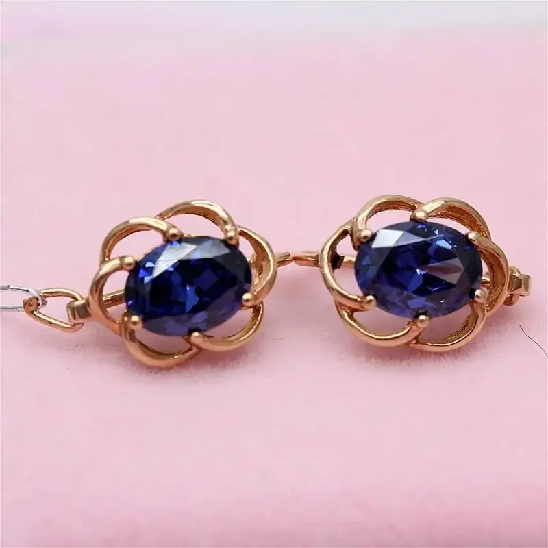 585 Purple Gold Sapphire Flower Earrings for Women14K Rose Gold Openwork Design Elegant Charm Fashion Luxury Engagement Jewelry