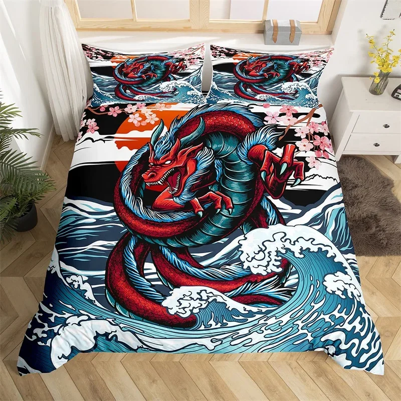 Dragon Duvet Cover Japanese Ocean Wave Bedding Set Cherry Blossom Comforter Cover Microfiber Single Double King Bedspread Cover