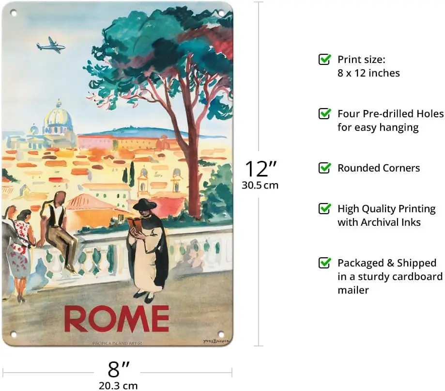 Rome Italy - St. Peters Basilica - Vintage Airline Travel Poster by Yves Brayer c.1949-8 x 12 inch Vintage Metal Tin Sign