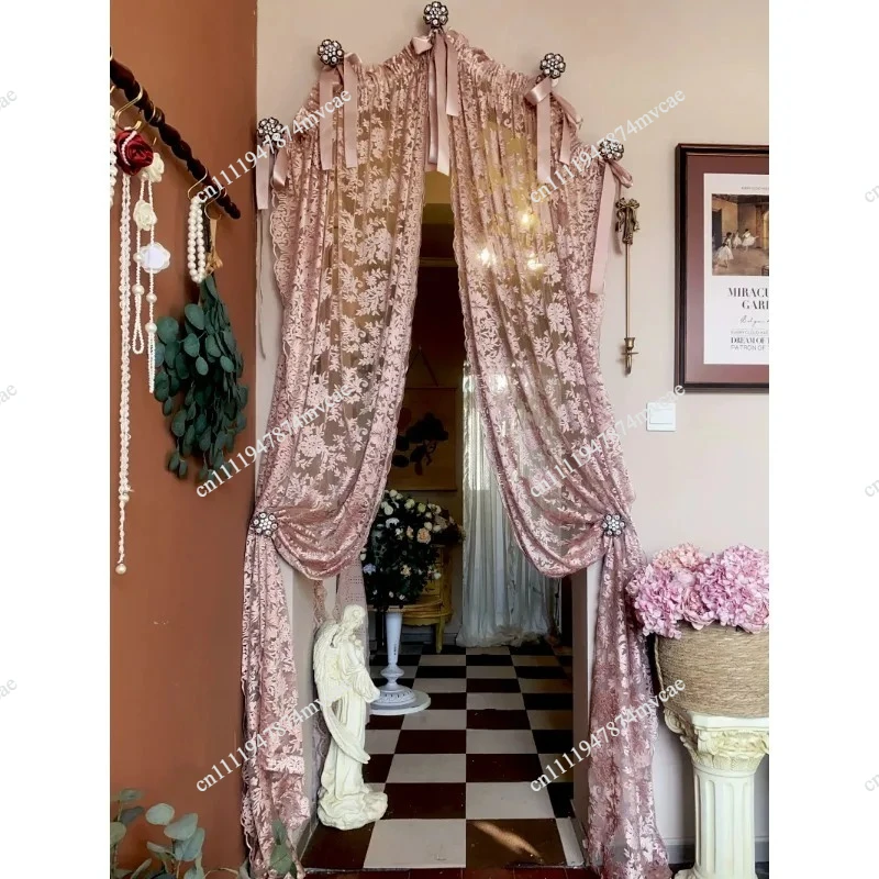 Villa soft decoration, high-end custom rococo powder decoration special-shaped arched curtains