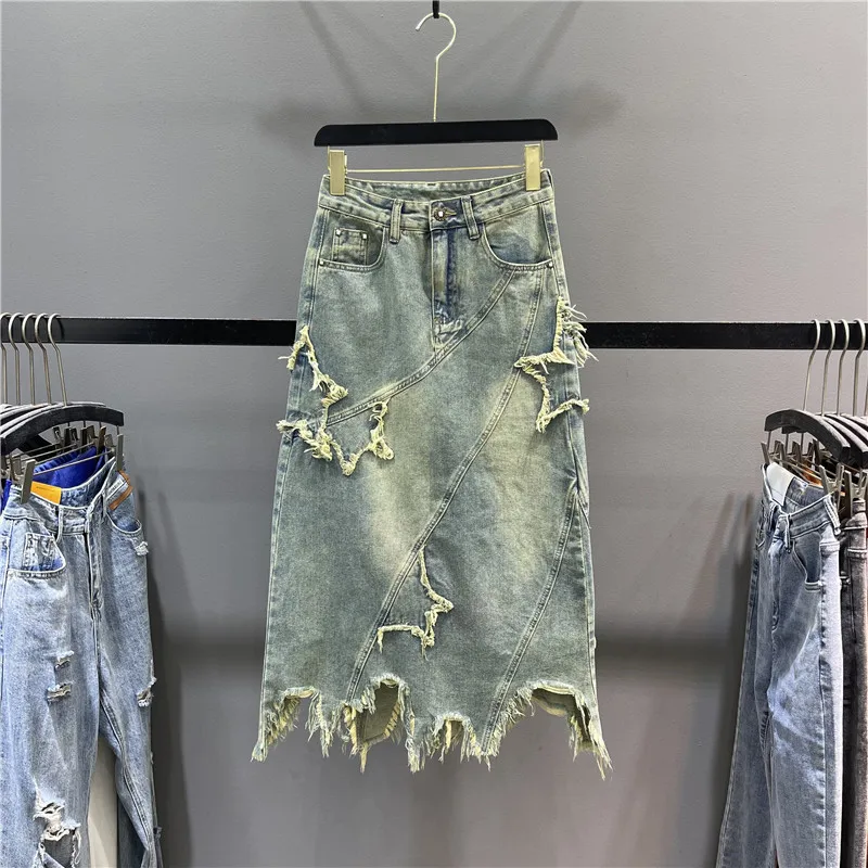 

2024 Denim Half Skirt Women's Slim Covering Crotch and Hip Covering Skirt Y2k New High Waist Slim and Unique Versatile Fishtail