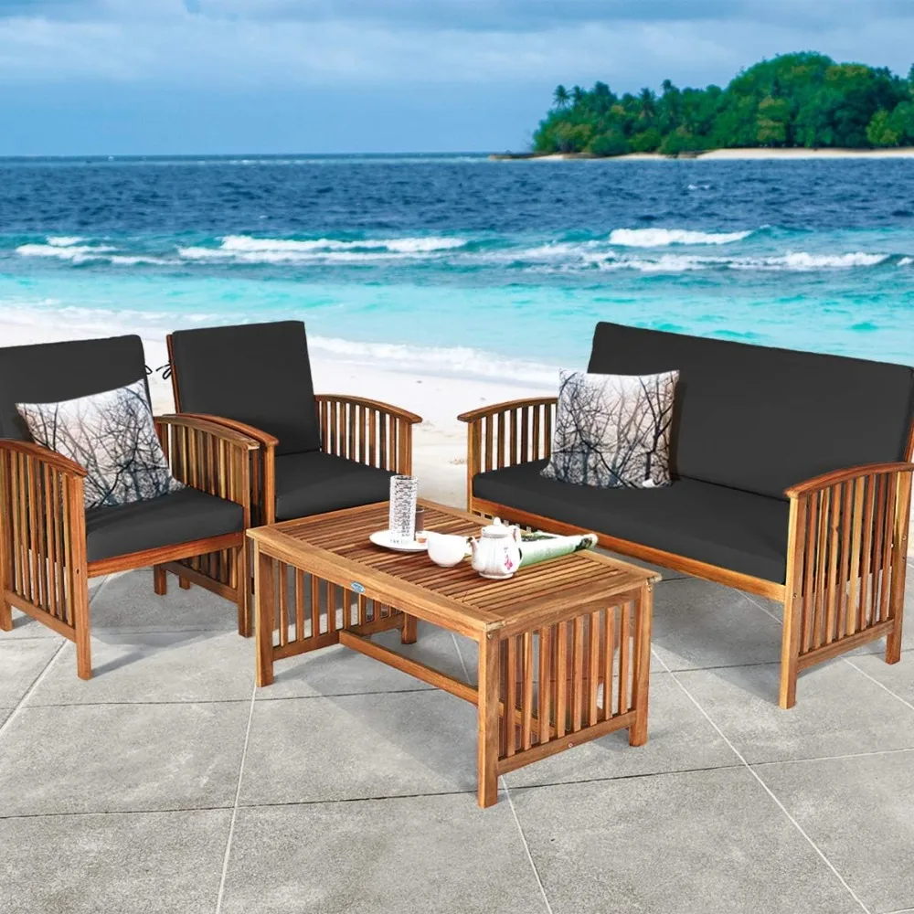 Outdoor 4-piece acacia wood sofa set with waterproof cushions, padded patio seating, chat set with coffee table