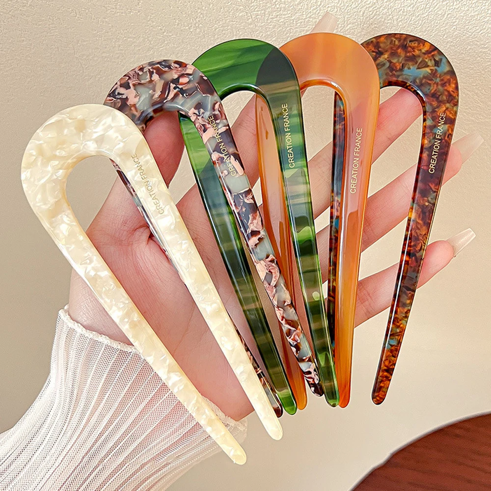 Horquillas Vintage en forma de U para mujer, pinzas de moño acético de celulosa, palo de leopardo, horquilla para el pelo, peine, accesorios de