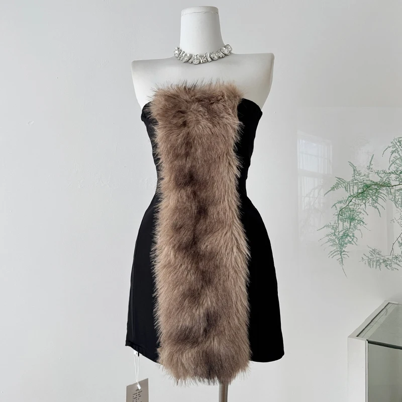 

Vintage Strapless Dress Faux Leather Patchwork Fur Mini Dress Sexy Bodycon Dress Evening Party Ziper Short Dress Knitted Dresses