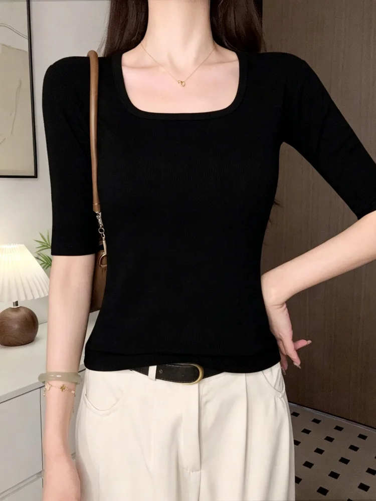 

Slim Fit mid Sleeve T-Shirt Base Shirt Women's Collar New Large Size Fat MM Outerwear Inner Match Slim Base Shirt Half Sleeve...
