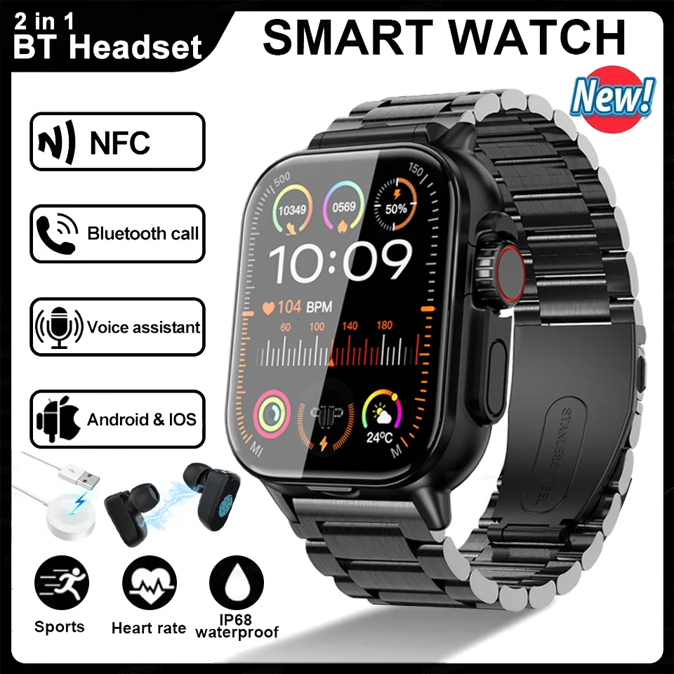 New 2 in 1 SmartWatch With Earbuds Smartwatch TWS Bluetooth Earphone Heart Rate Blood Pressure Monitor Sport Watch Fitness Watch