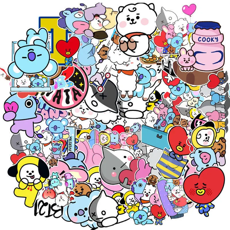 New Bt21 Stickers Waterproof Stickers Kawaii Anime Luggage Car Fridge Helmet Stickers Cute Cartoon Stickers 50Pcs/set