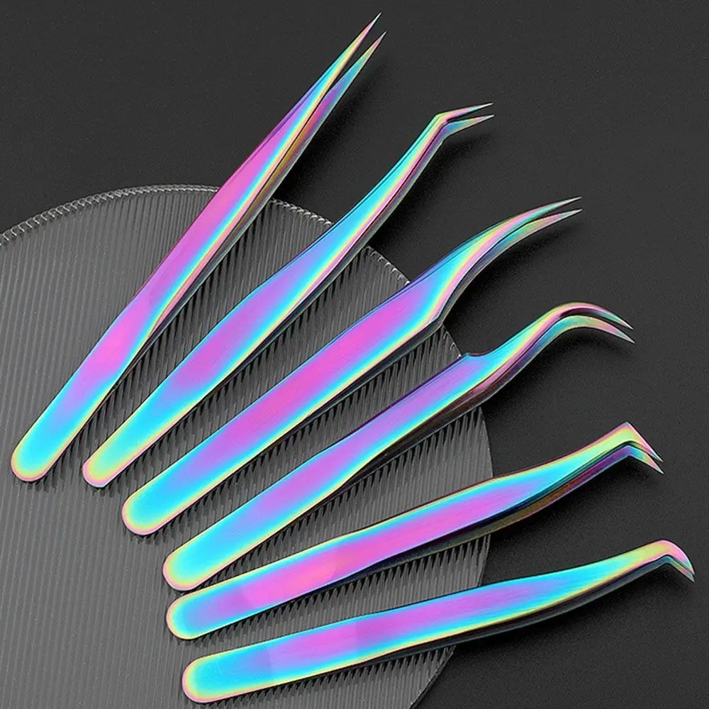 Stainless Steel Eyelash Tweezers Professional Anti-static Lash Tweezers Grafting Colorful Eyebrow Hair Clip