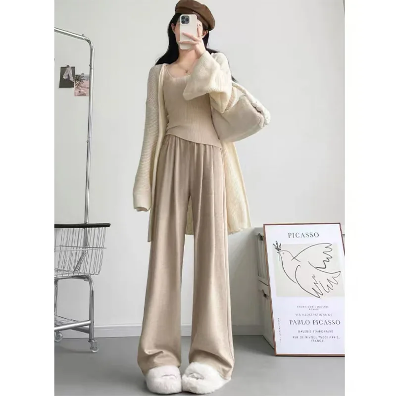 Calças de perna larga inbeige feminino inverno veludo duplo-deck estilo nórdico forro de veludo botões sherpa em relevo durável em camadas ins