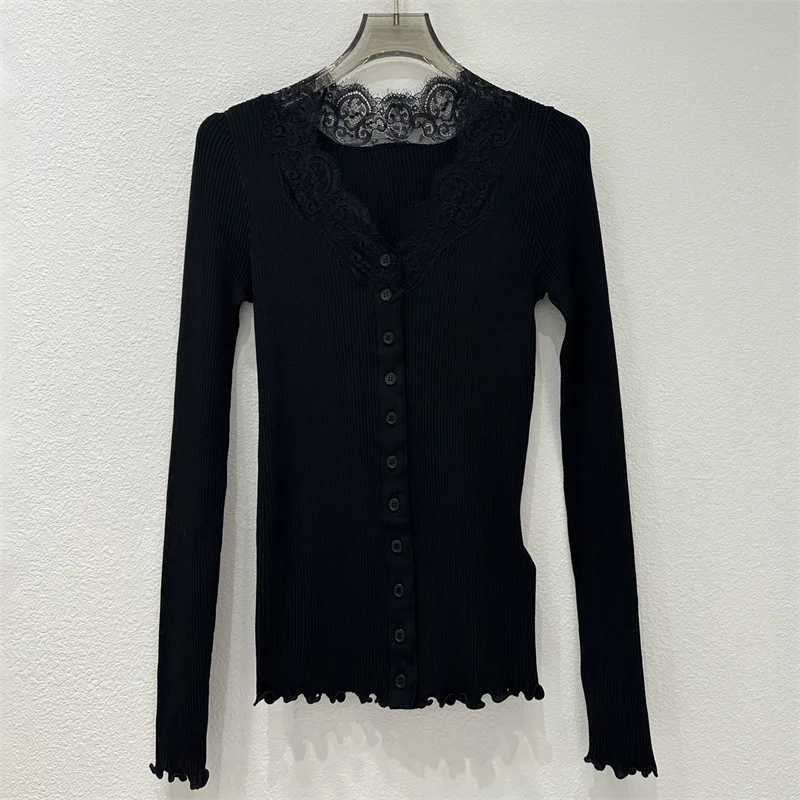 

Кардиган для женщин. Новый эластичный вязаный облегающий топ с длинными рукавами на осень 2021. Кружевной лоскутный женский свитер с v-образным вырезом. Трикотаж.
