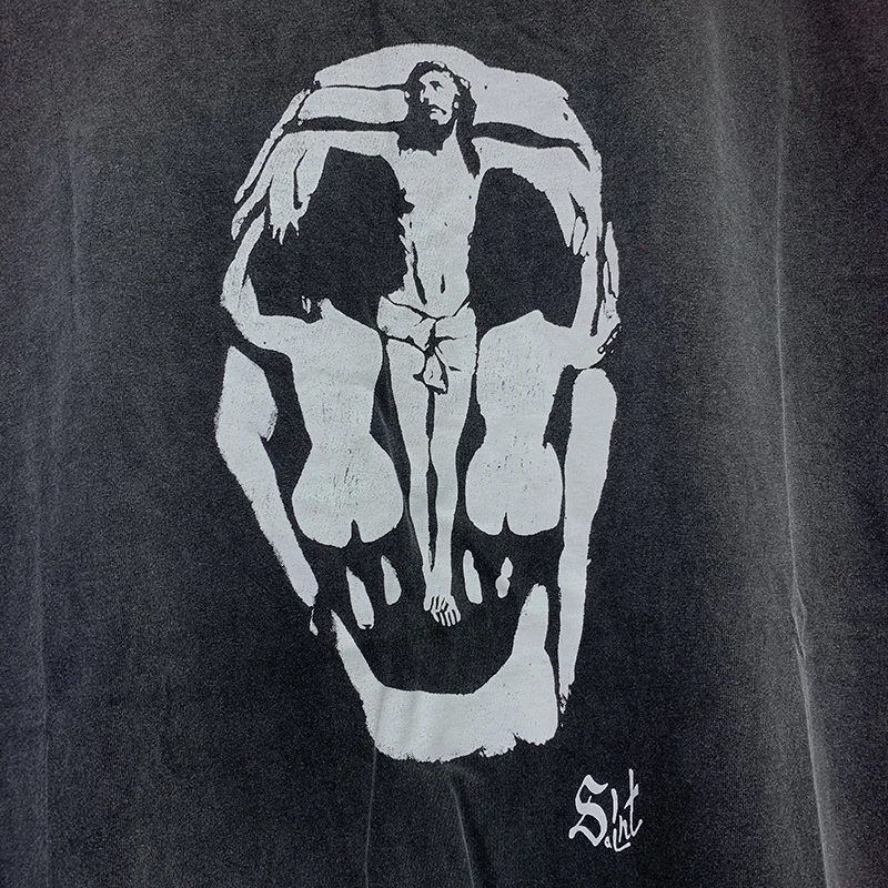 New Saint T-shirt Character Skull Pattern Printing Wash Black Men Woman Good Quality Loose Casual Top Tees