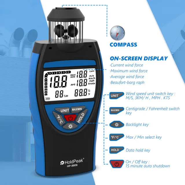 Q-8806 q LCD déterminer tasse anémomètre avec boussole tasse capteur de vitesse compteur de vitesse