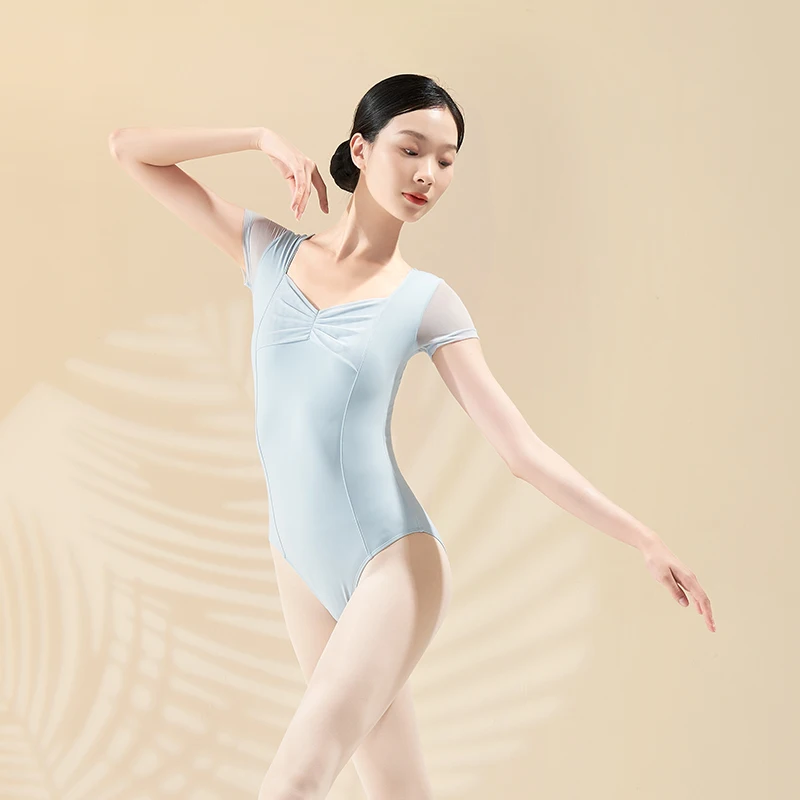 

Women Ballet Leotards Drawstring Pleats Mesh Splice Dance Costume Gymnastics Yoga Swimwear Leotard Elegant Bodysuit