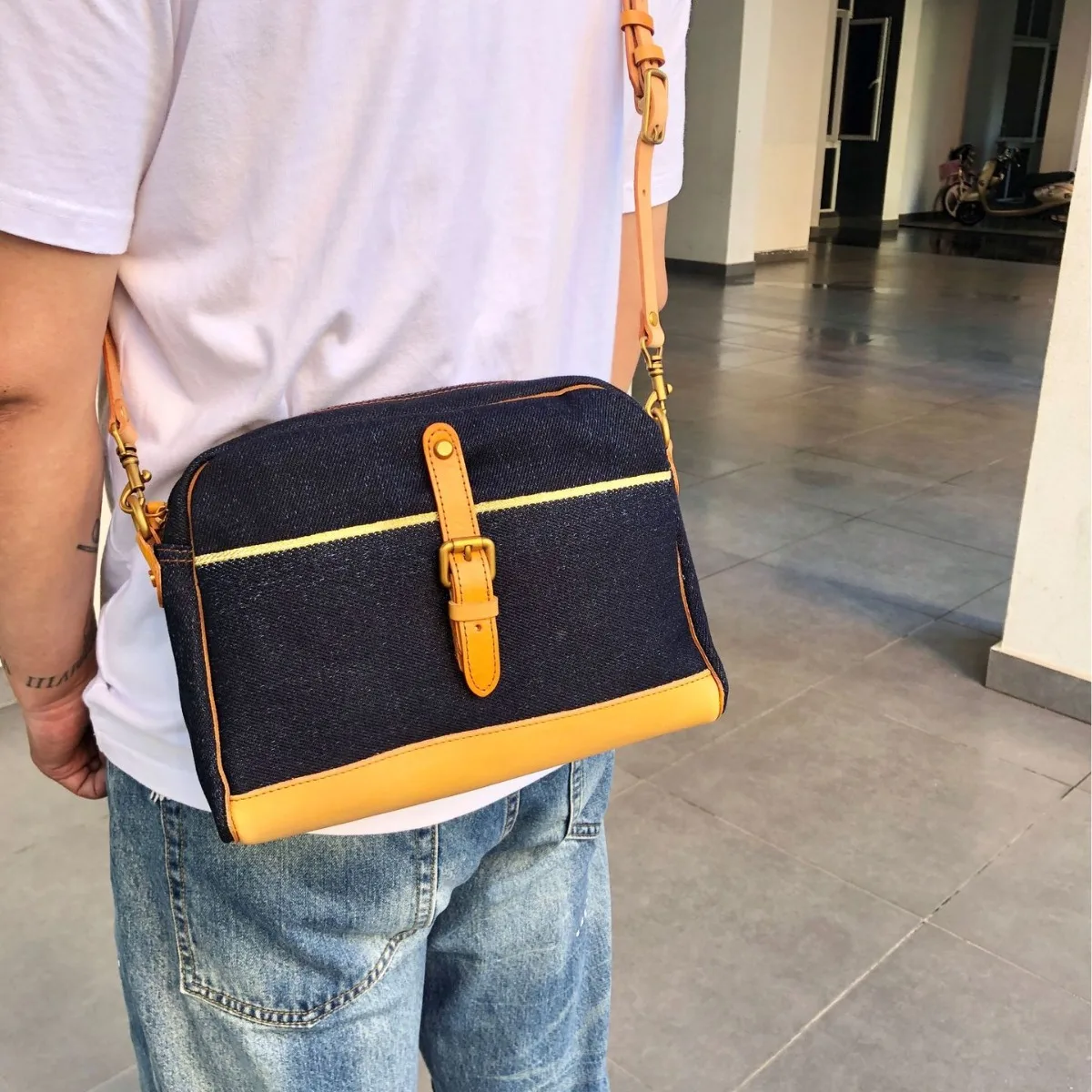 Advanced design denim shoulder crossbody bag, minimalist mailman bag, men's workwear bag