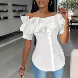 Blouses Women Shirts Top Off Shoulder Solid Short Sleeve Casual Regular Elegant Splice Single Breasted Ruffles Tops Slim Fit