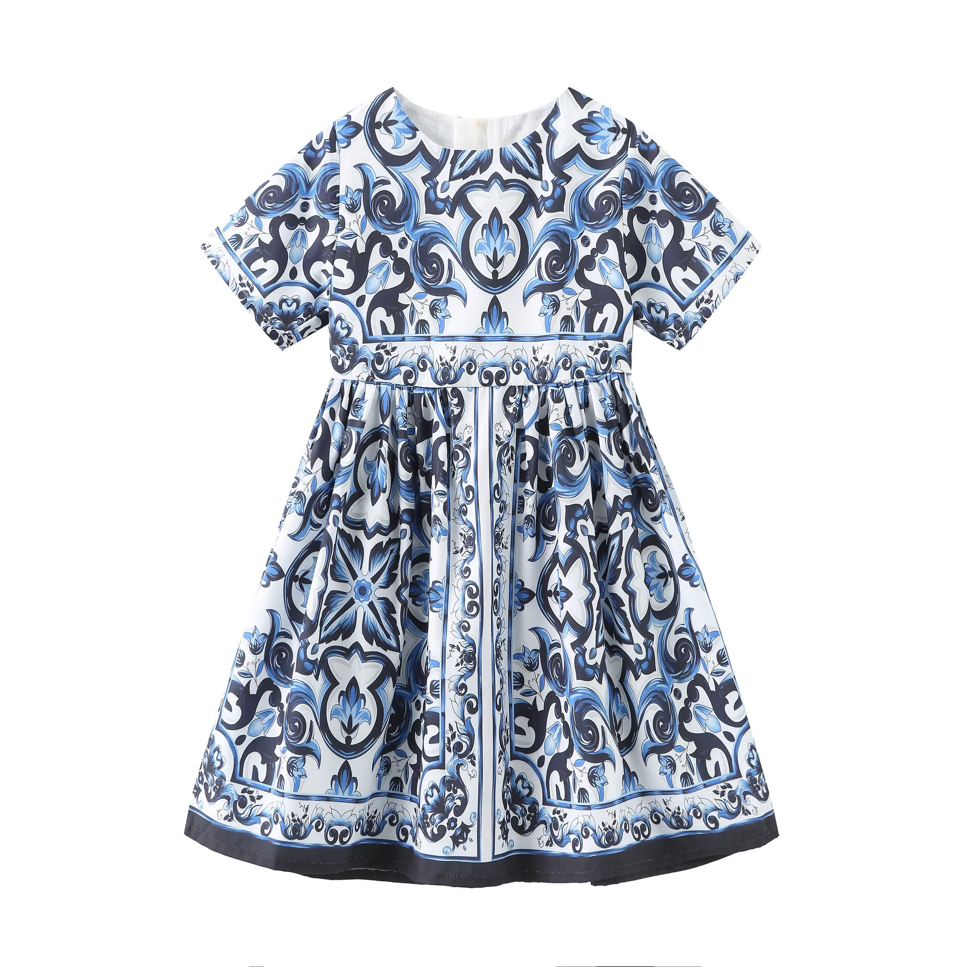 2023 Children\'s Skirts Spring and Summer Girls Cartoon Portrait Print Dress Baby Blue and White Porcelain Suspender Skirt