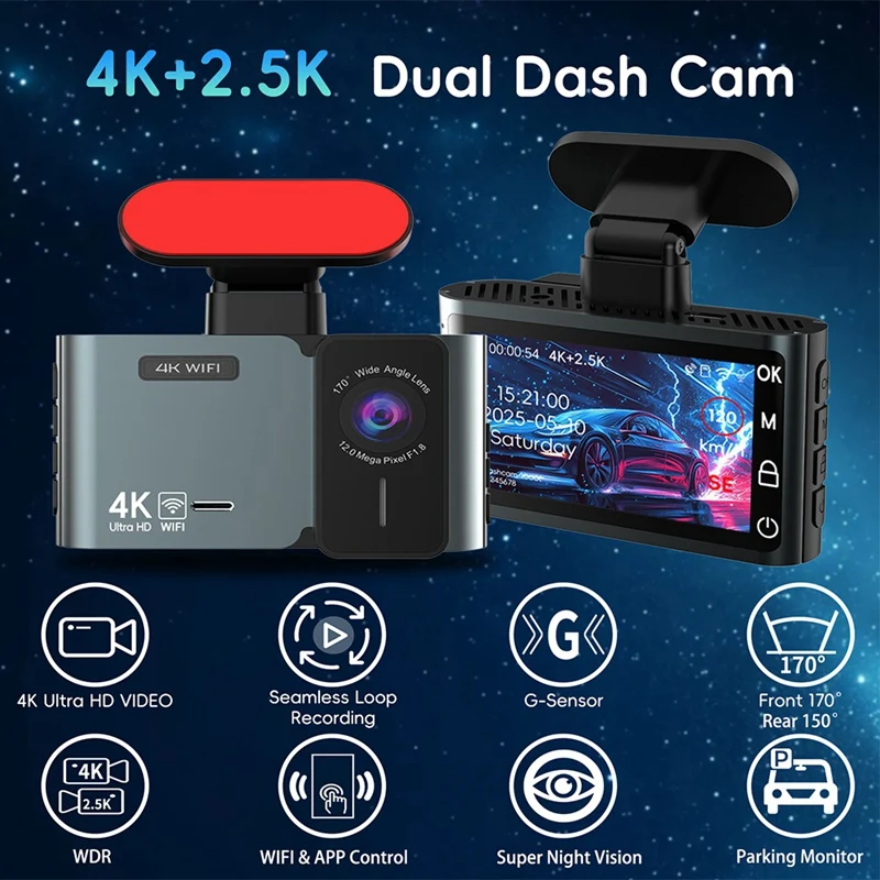 4K Front and 2.5K Rear Dash Cam with WiFi App Control GPS Support Night Vision G-Sensor Parking Monitor Loop Recording-ELEC