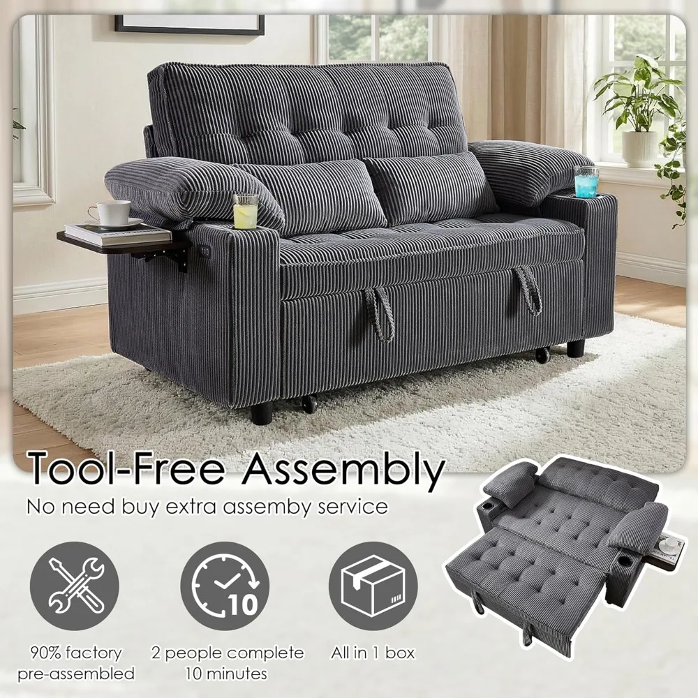 58in Sleeper Soa Bed, Convertible Pull Out Couch Bed ull Size Corduroy abric Loveseat or Living Room, Aparent, Oice(kgrey) | USB