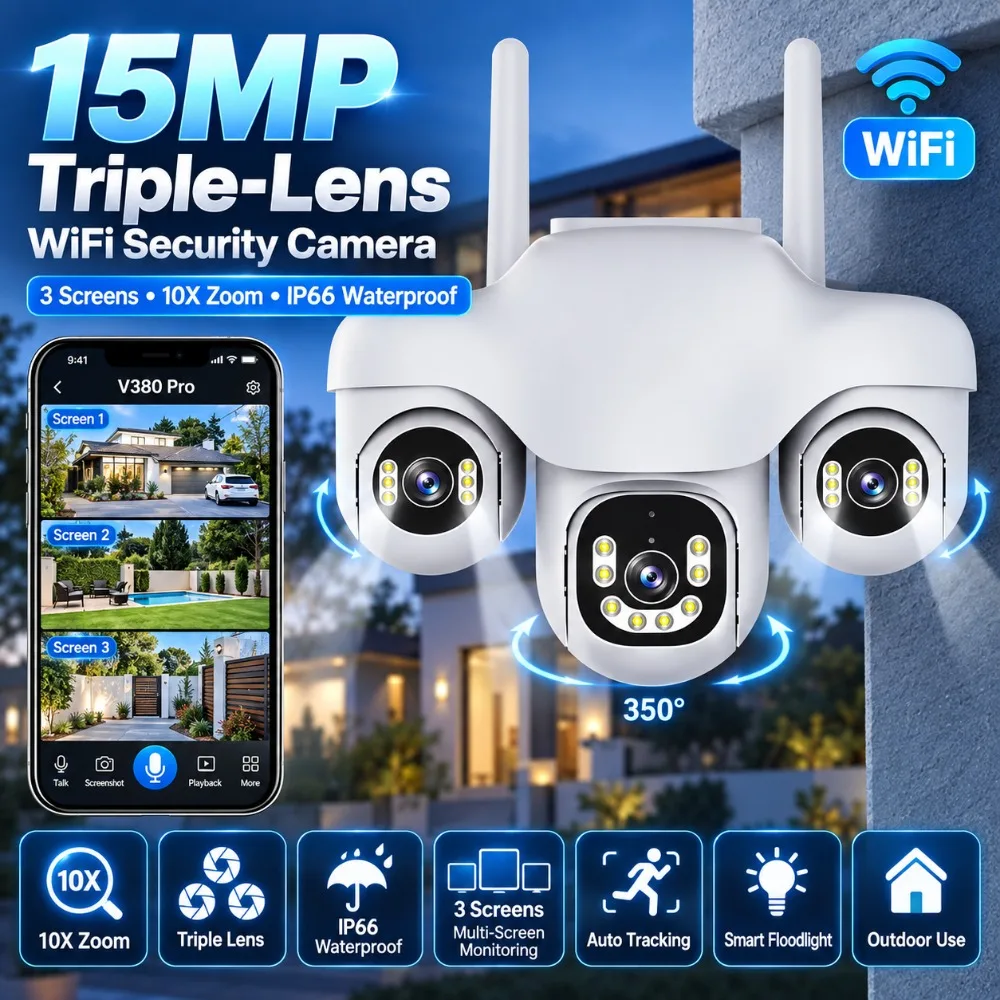 V380 15MP Wifi Camera Security Outdoor 3 Lens Three Screen CCTV IP66 Night Vision Auto Track Monitor Surveillance 4G PTZ Cameras