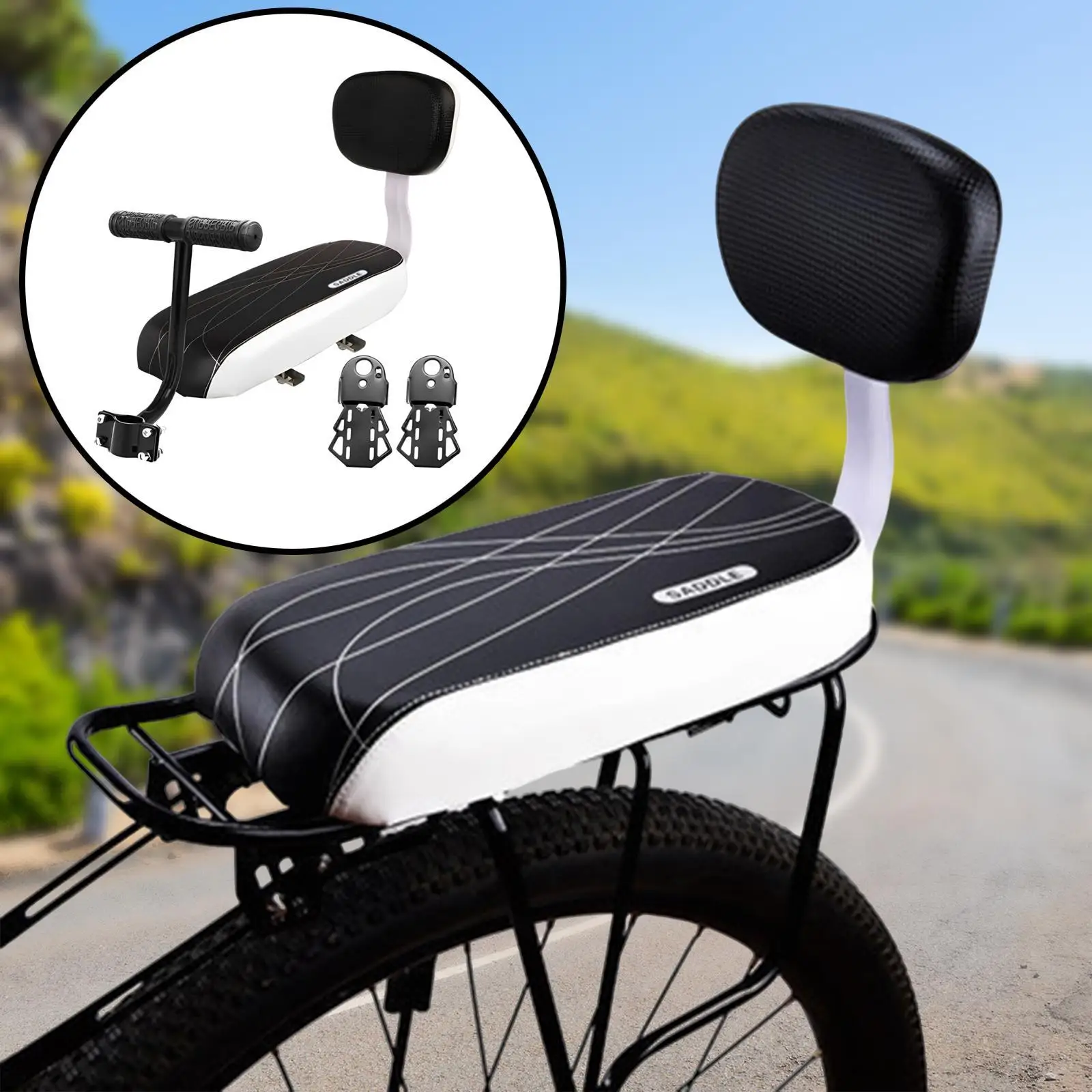 

Bike Rear Back Seat Cushion with Handle Armrest Footrest Pedal Children Seat