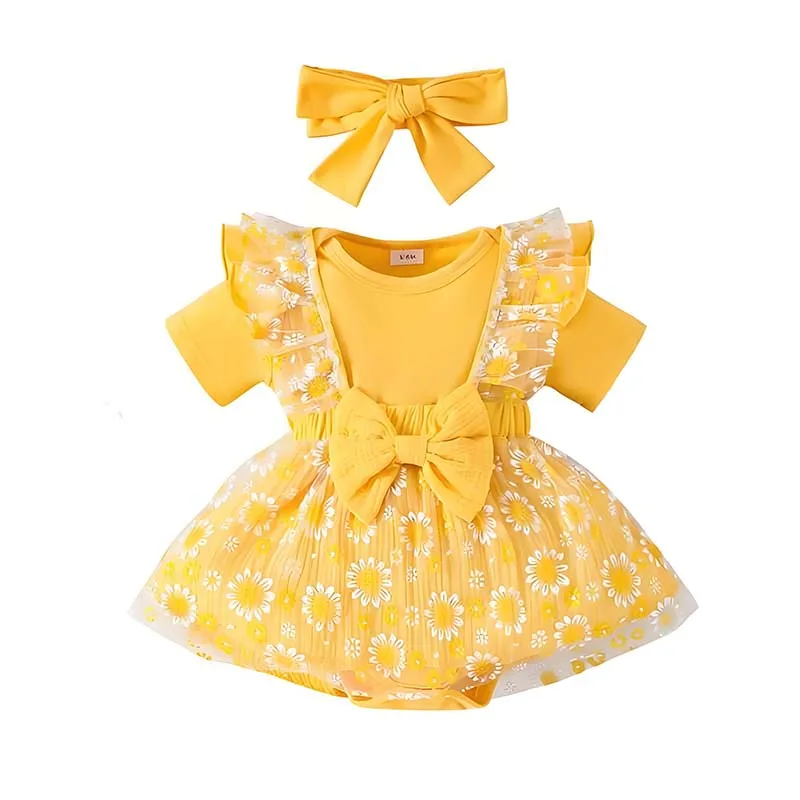 0-18 Months Baby Girl Clothing 3-Piece Outfits Summer Short Sleeve Yellow Bodysuits+Mesh Halter Dress+Headband Newborn Set