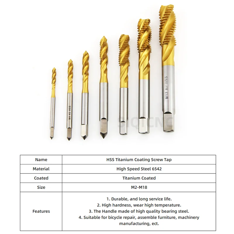 SIQICNC HSS Steel Screw Titanium Coated Spiral Metric M2-M18 Machine Plug HSS6542 Thread Tool Tap Drill Bit