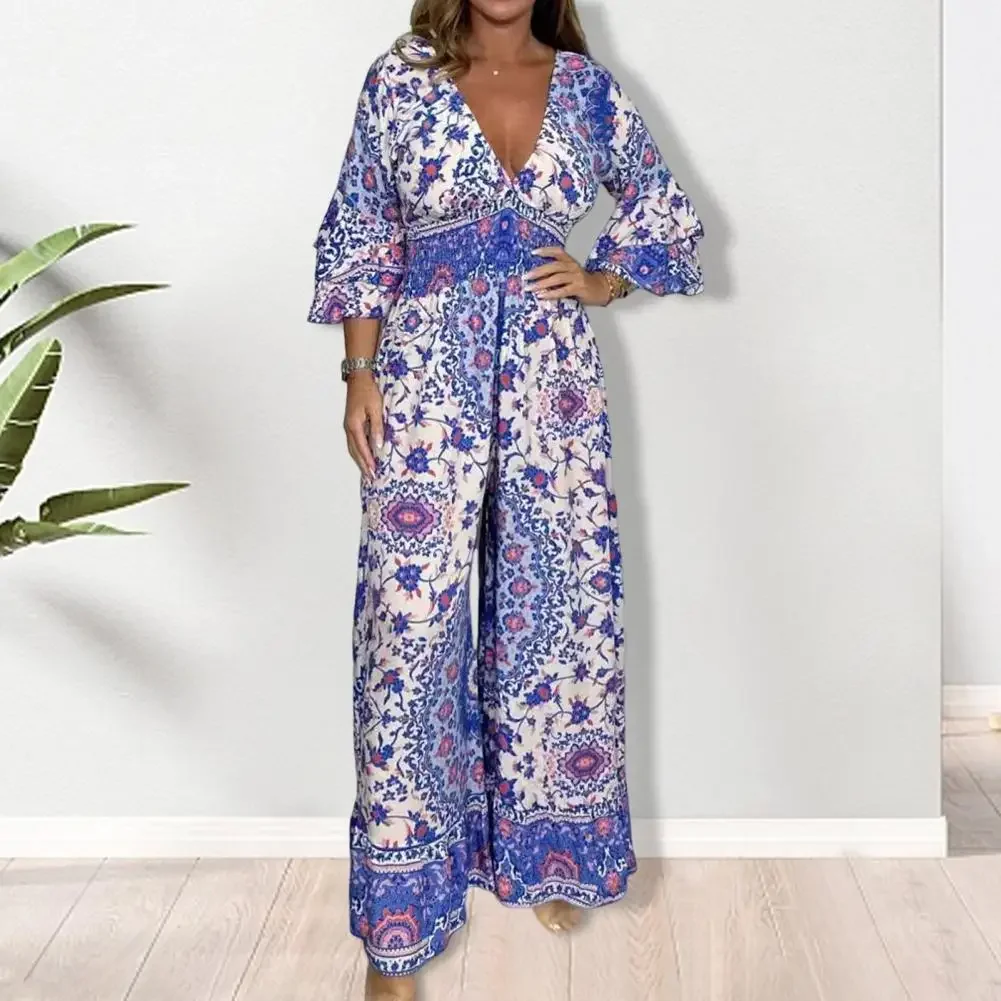 

Women Loose Wide-leg Loose Jumpsuit Bohemian Ethnic Print Women's Wide Leg Jumpsuit with Ruffle Patchwork V Neck Plus