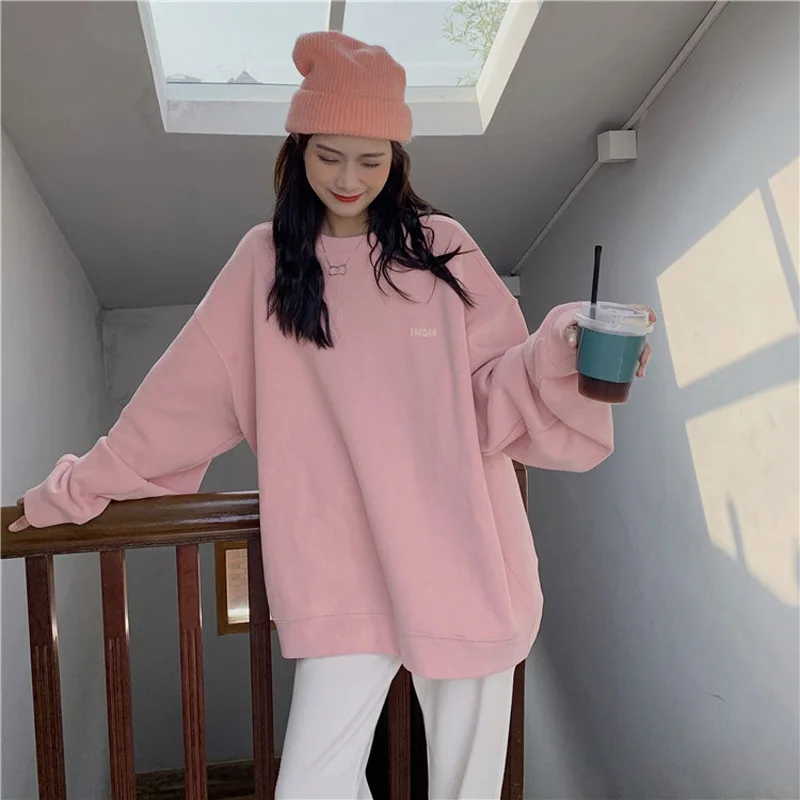 

New pink loose and plush thick hoodie for women's autumn and winter ins lazy style European popular outerwear