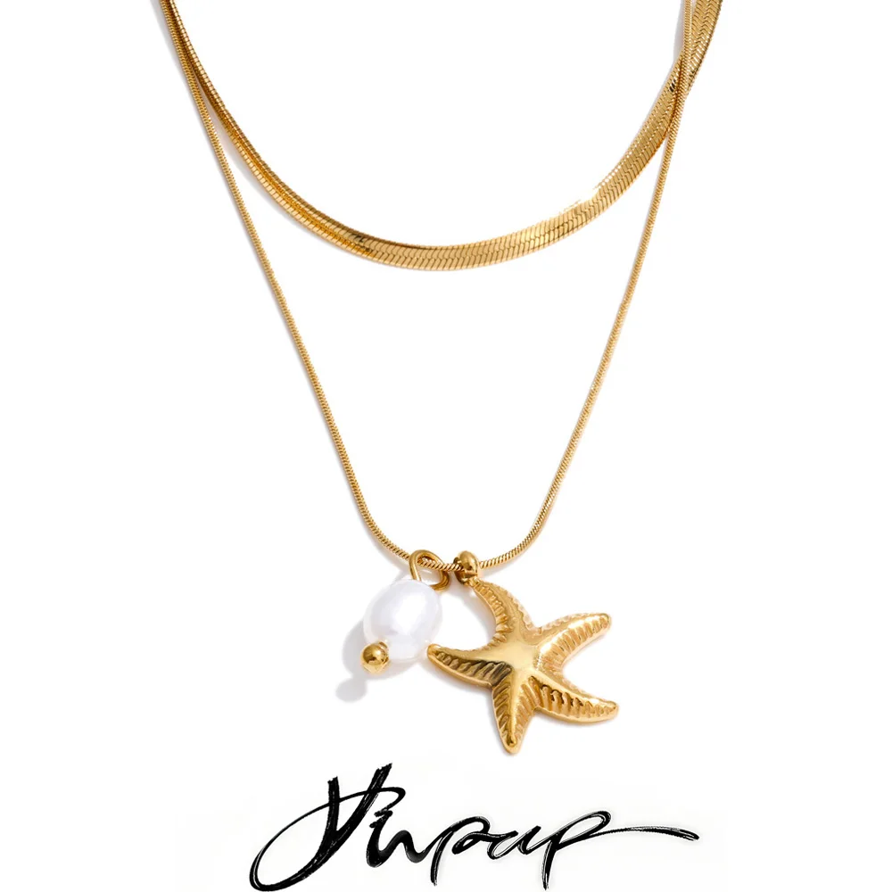 Yhpup Stainless Steel Natural Pearl Starfish Pendant Necklace High Quality Double-Layer Chain Overlay Exquisite Collar Jewelry