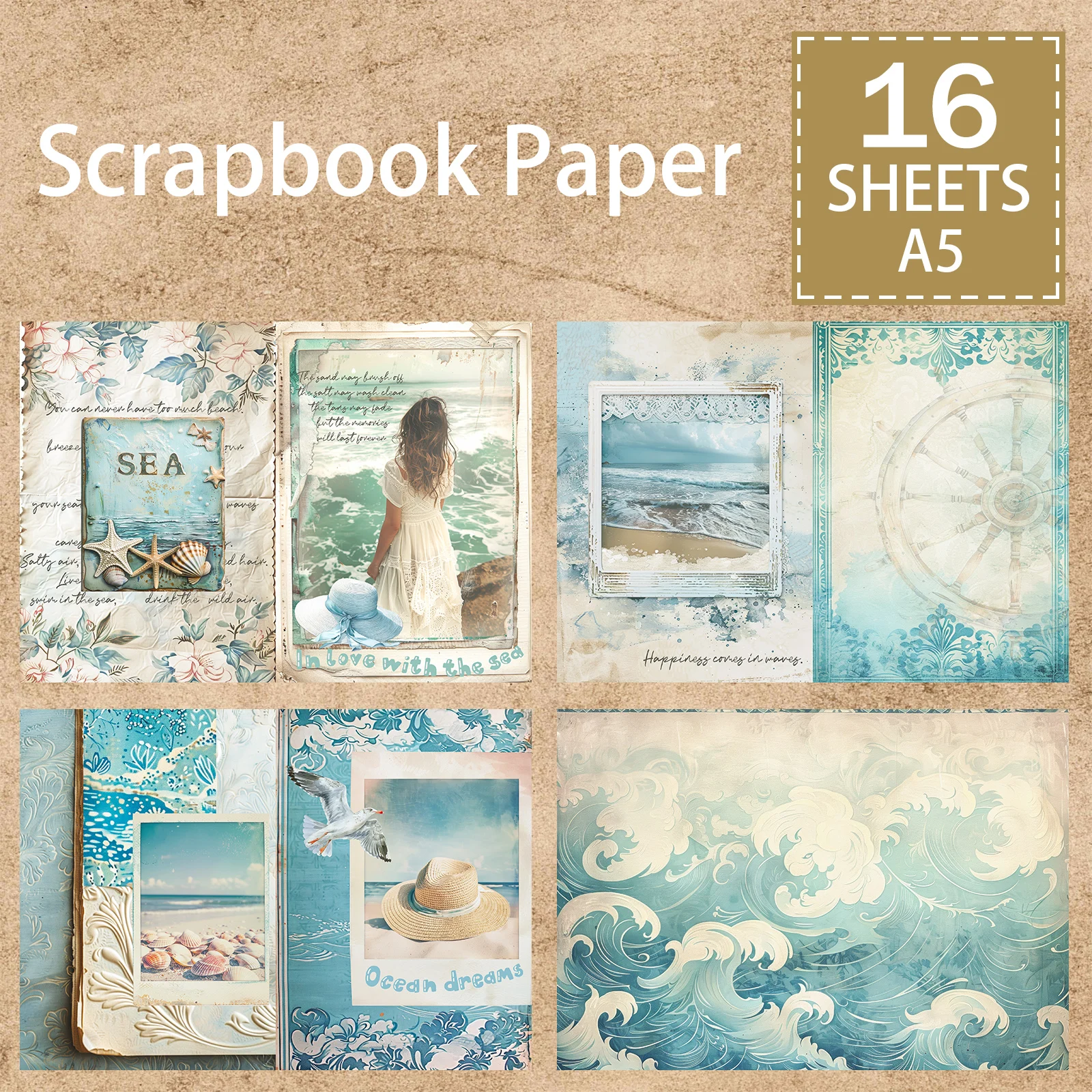 16 Sheets A5 Size Ocean Beach Girls Sea View Room Background Vintage Grunge Journal Planning Scrapbooking