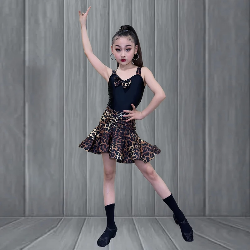 Latin Dance Dress Girls Brown Leopard Print Suspender Set Samba Rumba Salsa Performance Wear Kids Training Team Uniform VBH1340