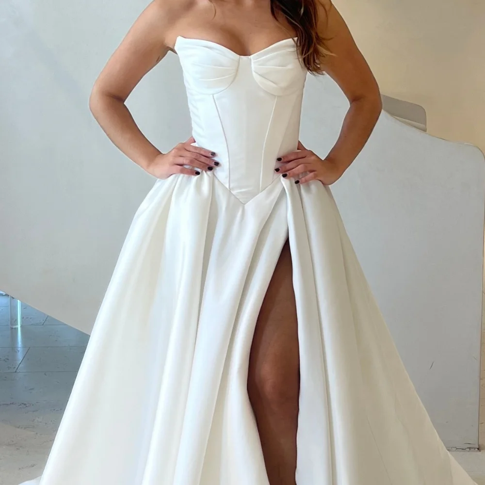 Cathy White Side Slit Satin Strapless Wedding Dresses A-line vestidos de noche Sleeveless Party Customized Formal Evening 2024