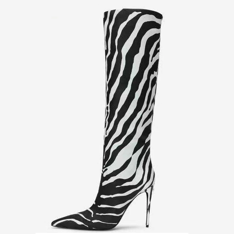 

Milk Pattern Pointed Toe Stiletto Knee-High Boots Woman Winter 2023 Slip-On Zebra Print Short Boot Female Shoes for Women